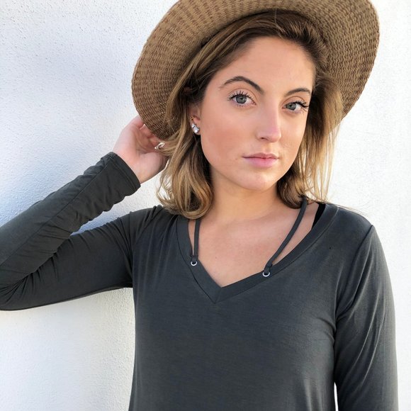 Olive Green Bamboo V Neck Long Sleeve Top - Picture 4 of 6